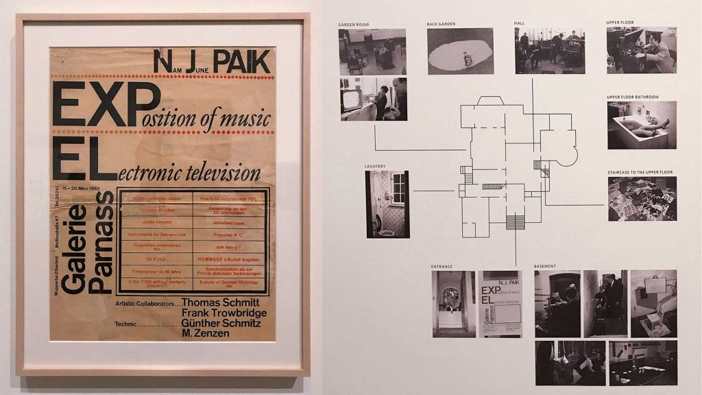 1963年《電子音樂—電子電視》（Exposition of Music—Electronic Television）個展海報與場地配置圖。